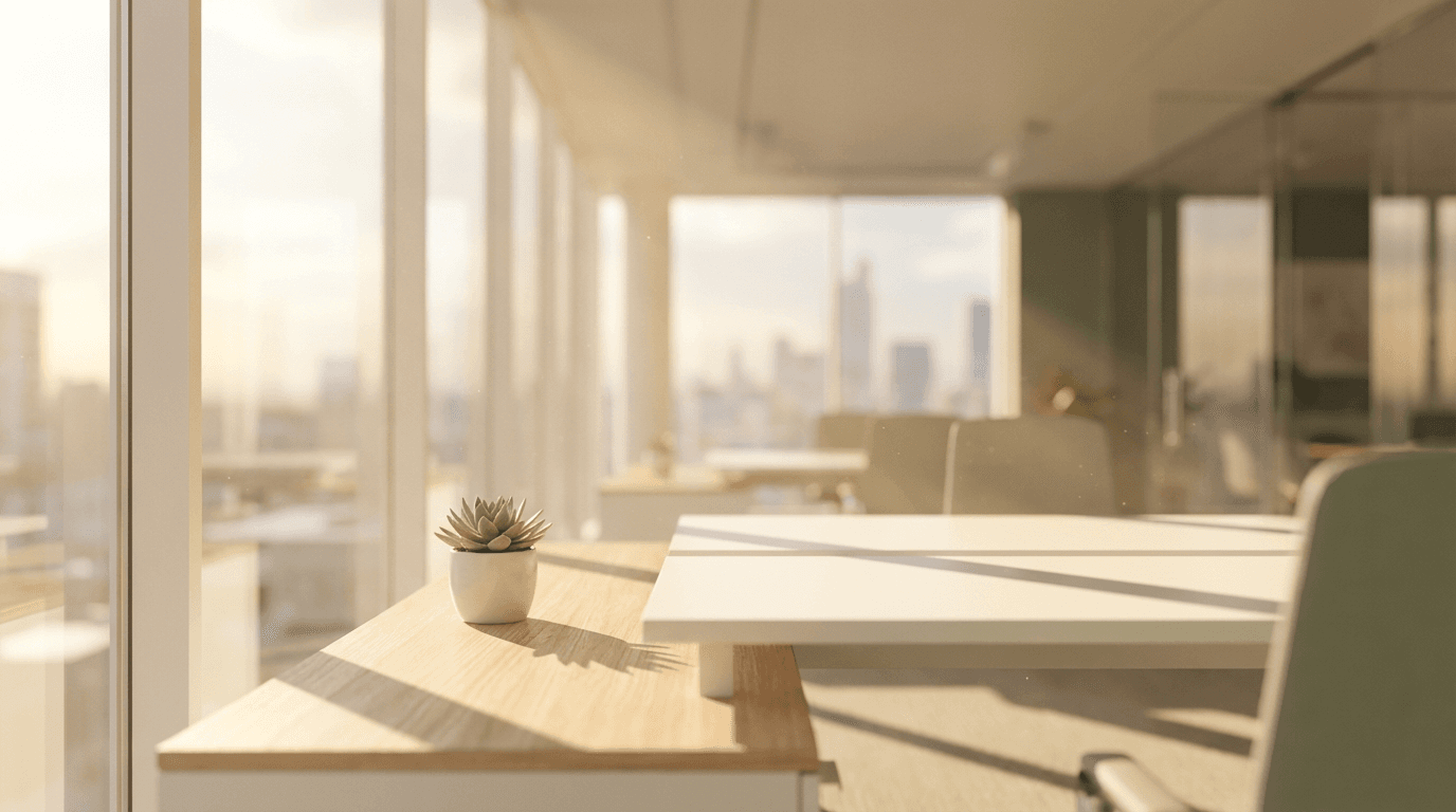 A modern, dark-styled business workspace with a desk, laptop and payment terminal in natural light