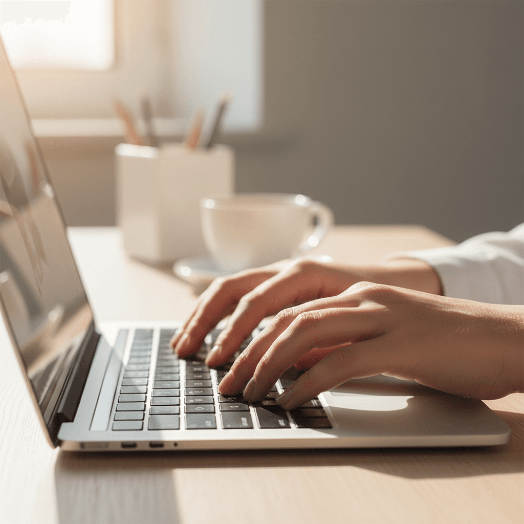 Hands typing on a laptop in a home office setting up a website