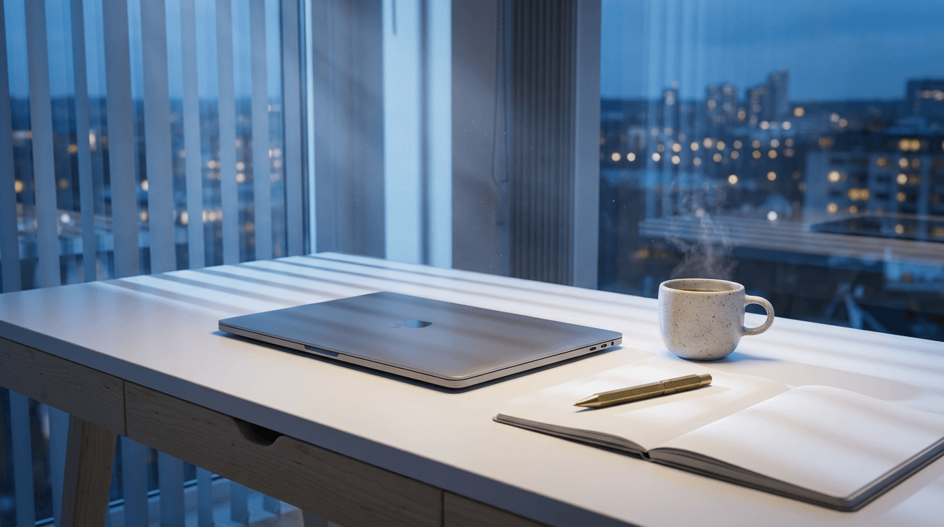 Open laptop and notebook on a desk, ready for a business consultation