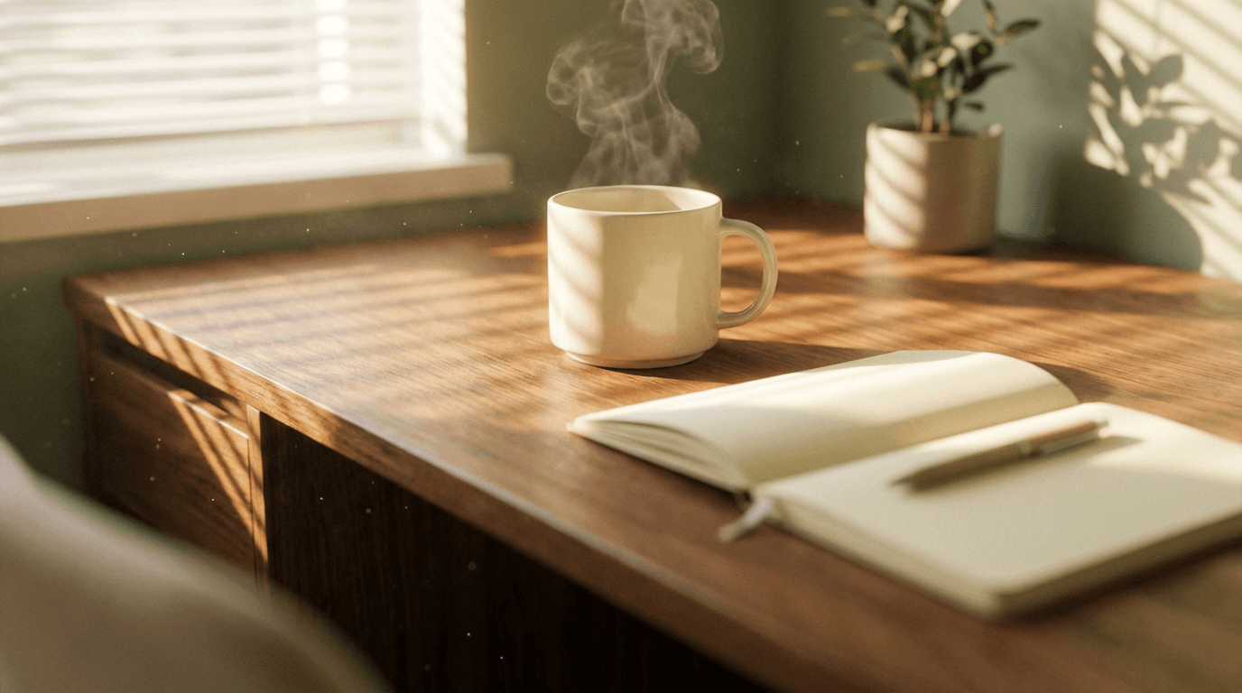 Therapist's notebook on a wooden desk with a laptop nearby