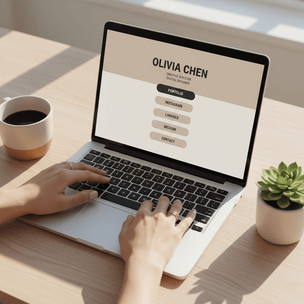 Modern workspace with laptop showing a brand website and design swatches
